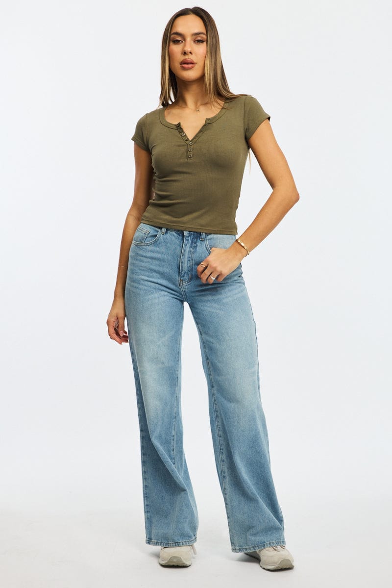 Green Button Down Tee Short Sleeve Rib