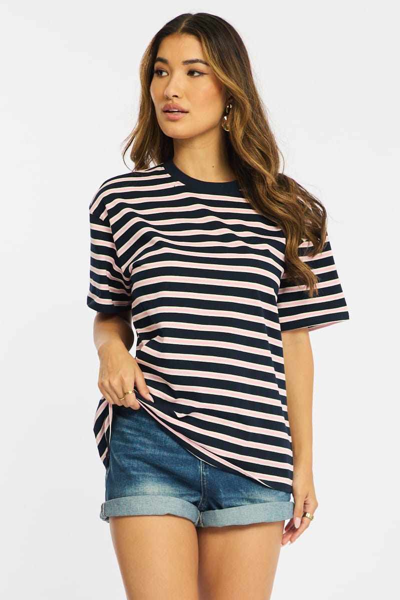 Pink Stripe Oversized Tee Short Sleeve