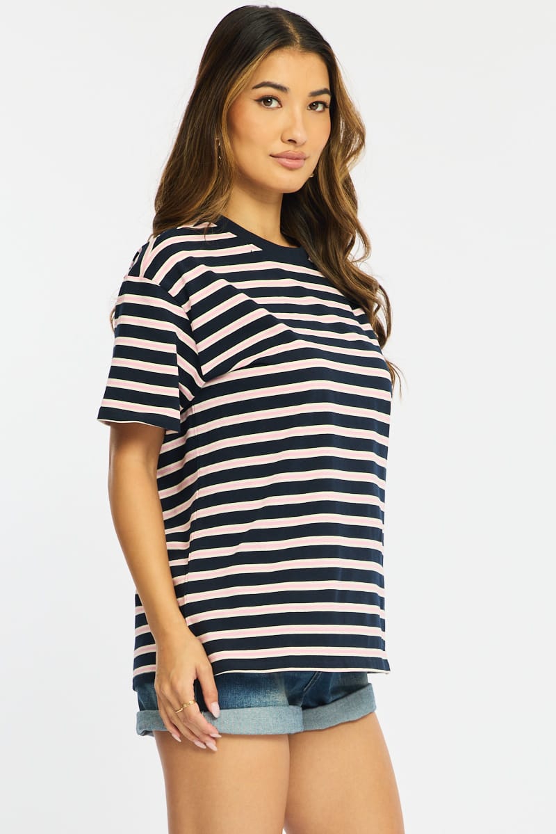 Pink Stripe Oversized Tee Short Sleeve