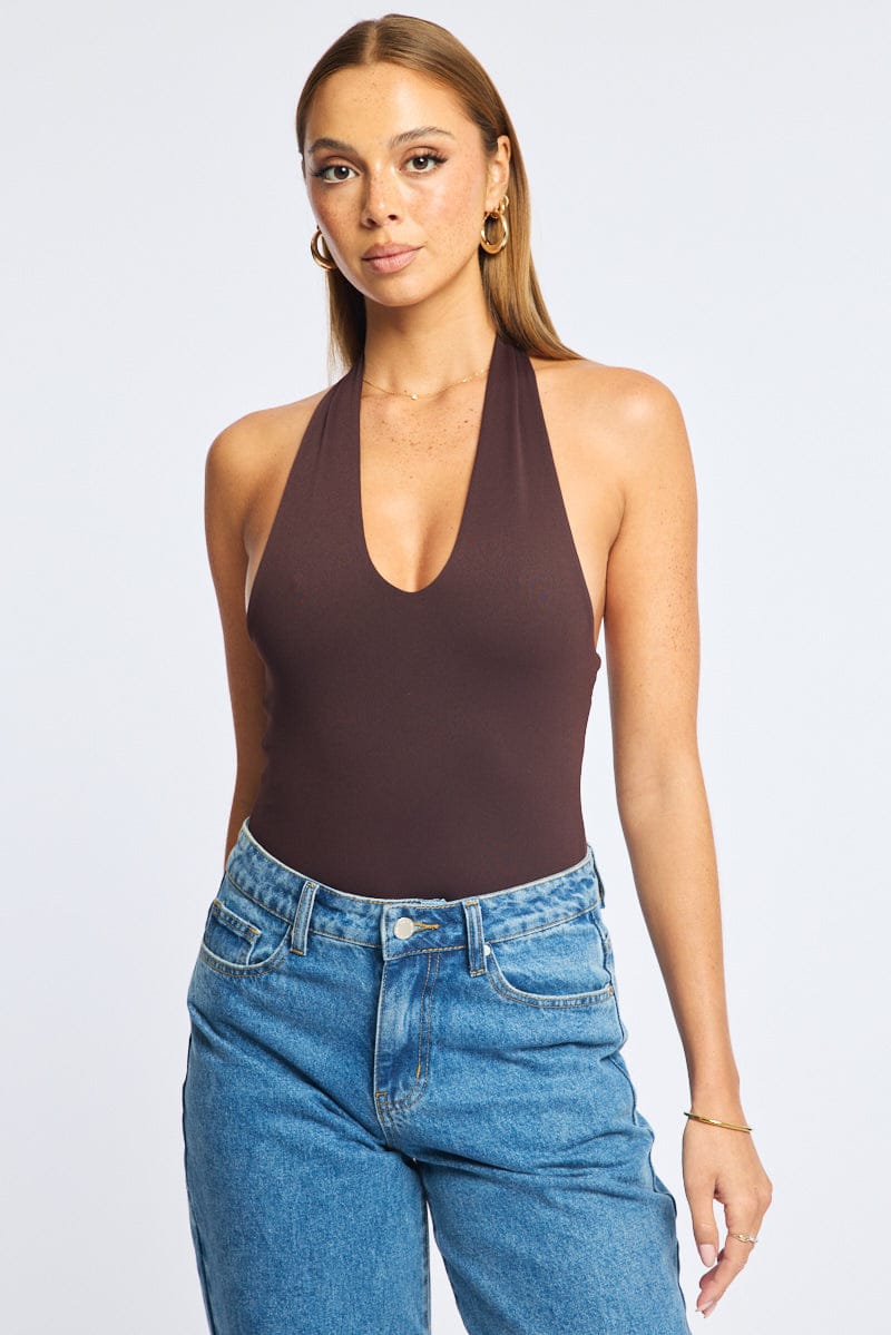 Brown Halter Neck Bodysuit