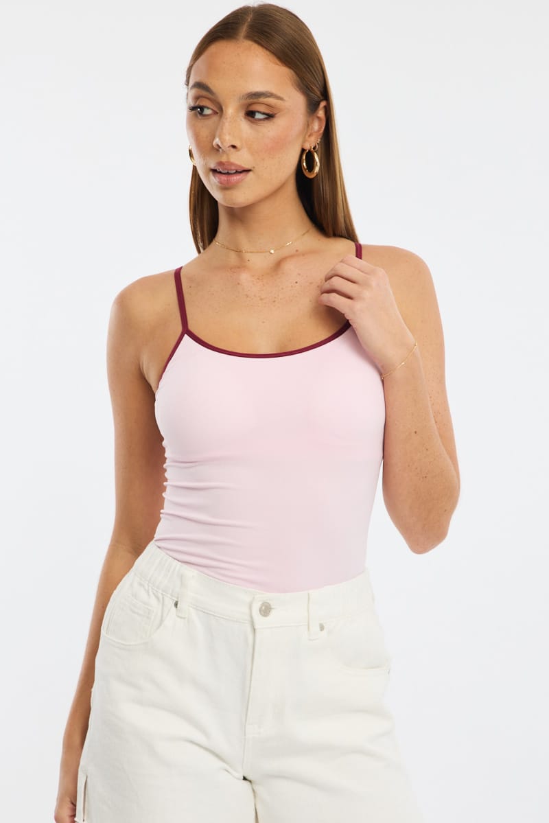 Pink Singlet Top Contrast Binding Seamless