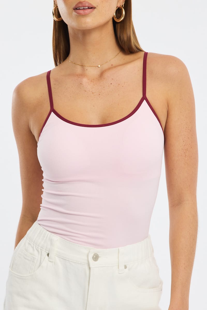 Pink Singlet Top Contrast Binding Seamless
