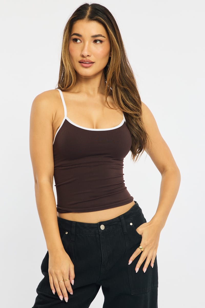 Brown Singlet Top Contrast Binding Seamless