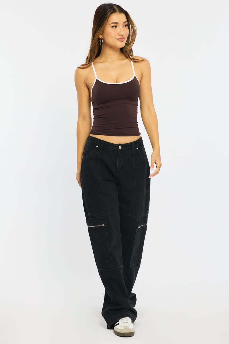 Brown Singlet Top Contrast Binding Seamless