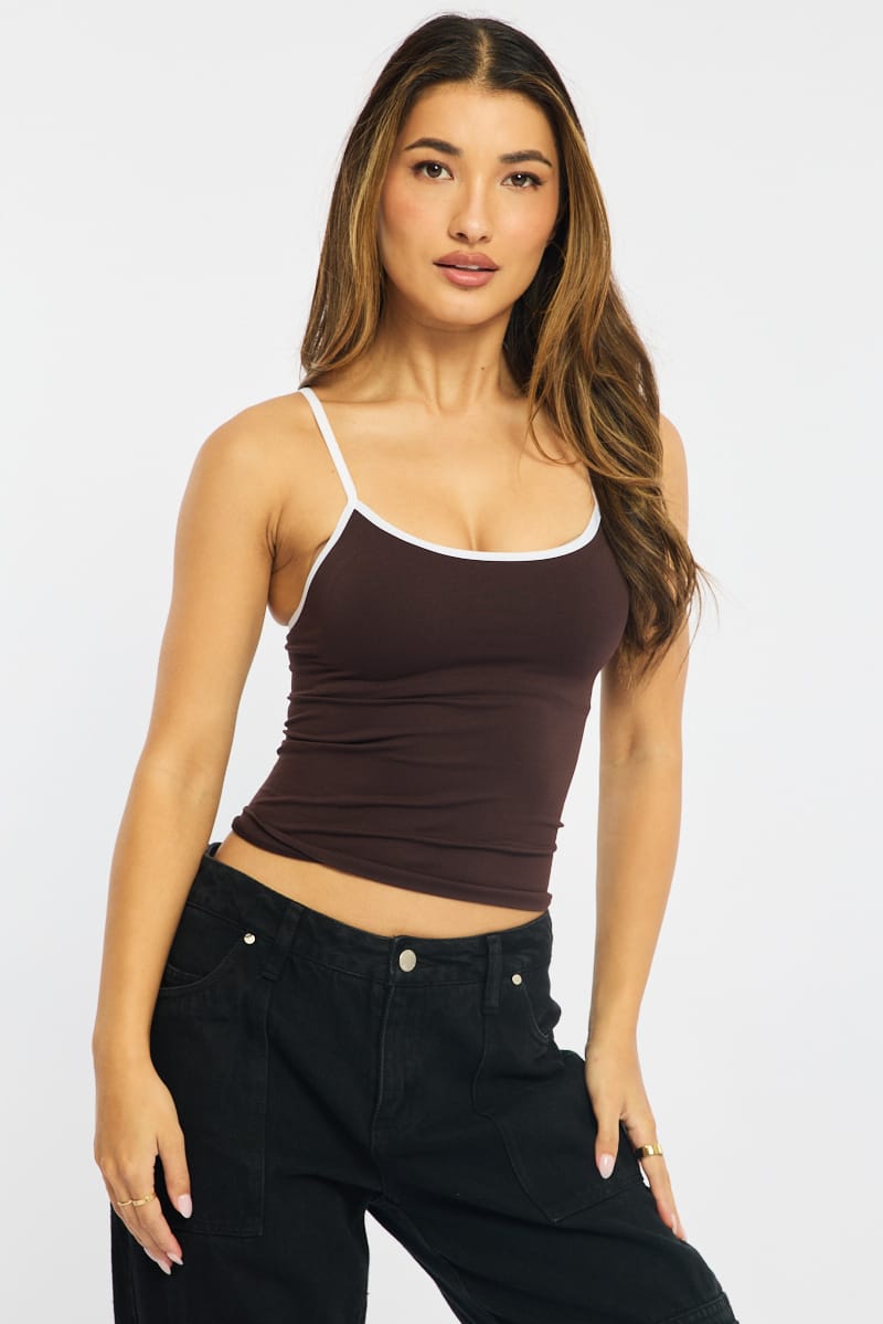 Brown Singlet Top Contrast Binding Seamless