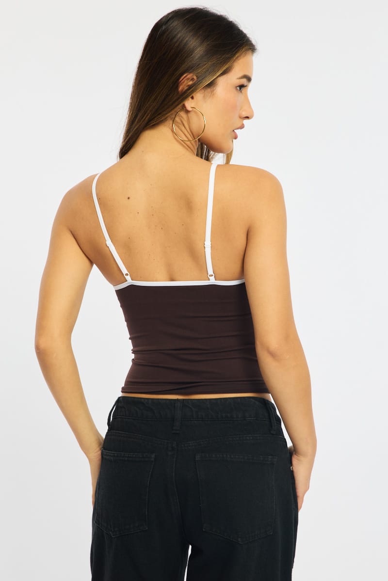 Brown Singlet Top Contrast Binding Seamless