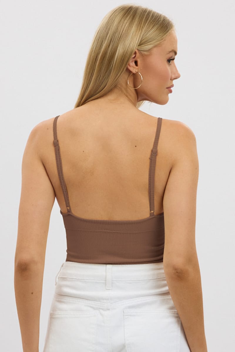 Brown V-neck Cami Crop Top Top Seamless