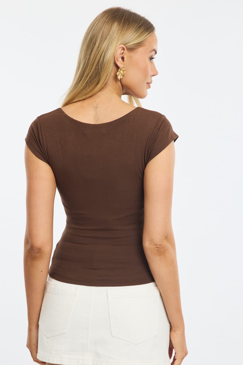 Brown Square Neck T-shirt Cap Sleeve
