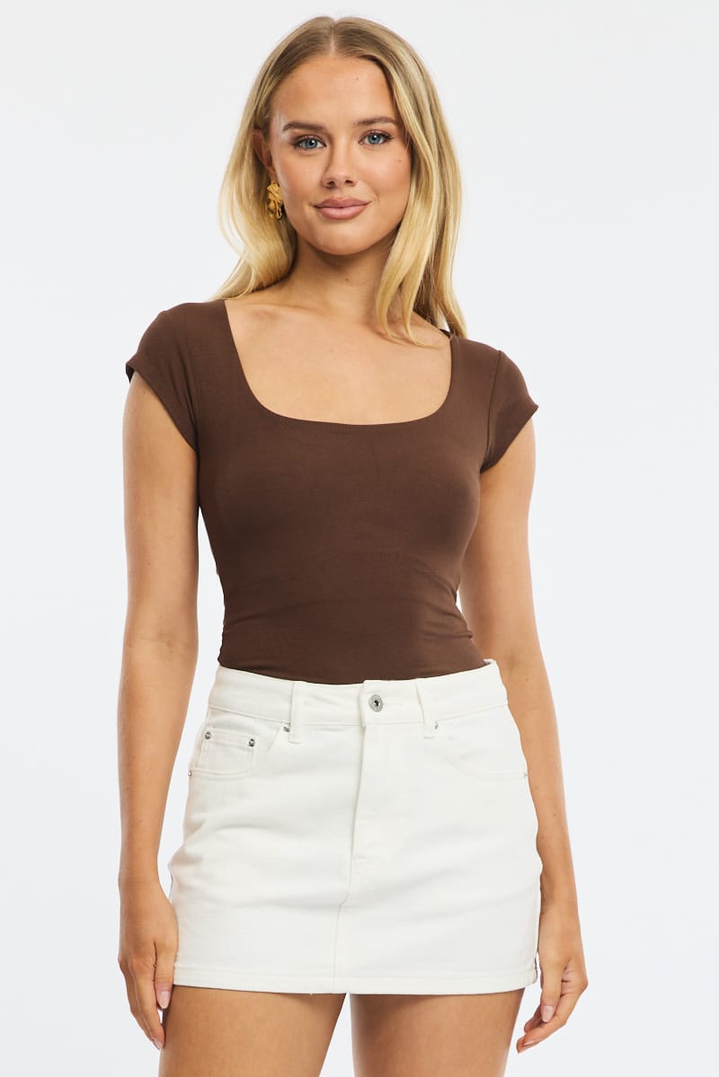 Brown Square Neck T-shirt Cap Sleeve
