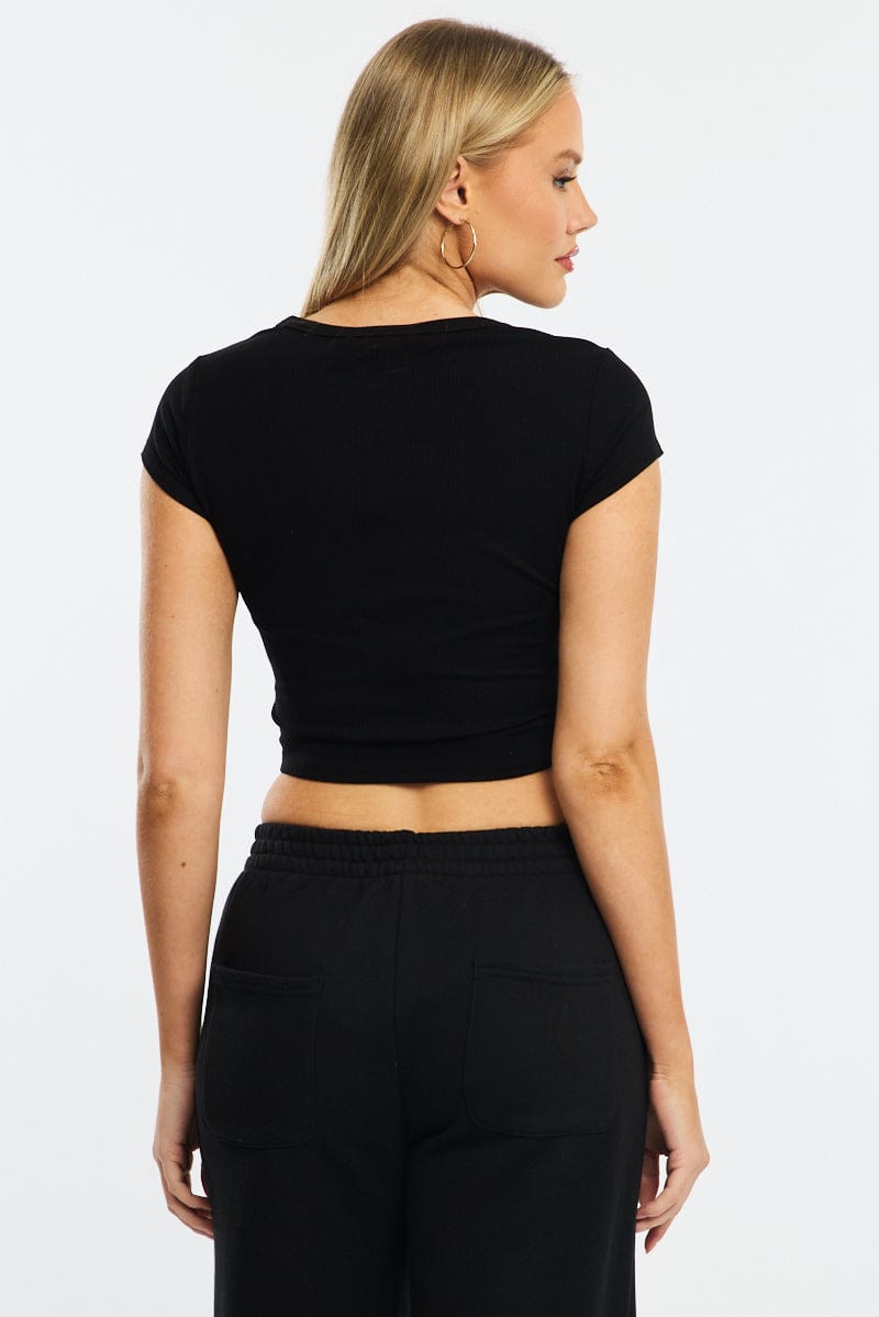 Black T-shirt Short Sleeve Henley Neck Rib