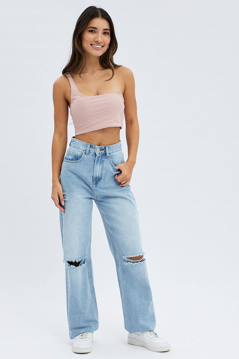 Pink One Shoulder Crop Top for Women by Ally