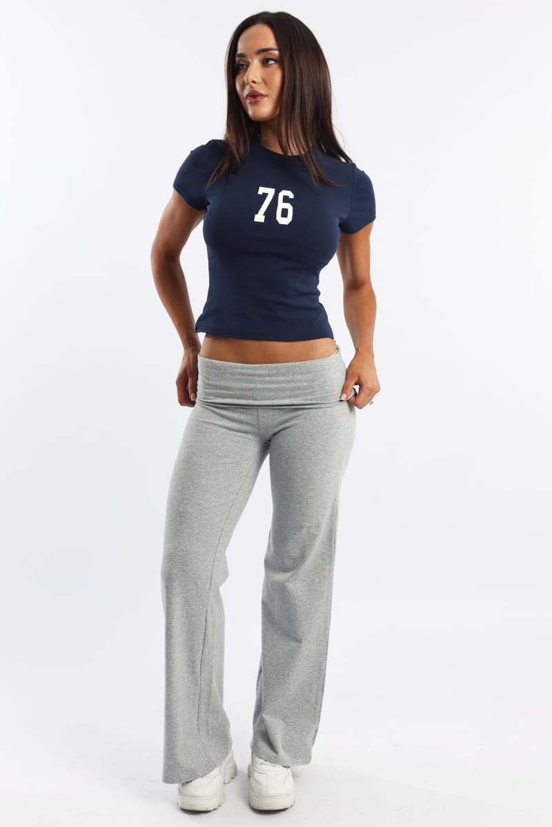 Grey Wide Leg Pants Folded Waist Jersey