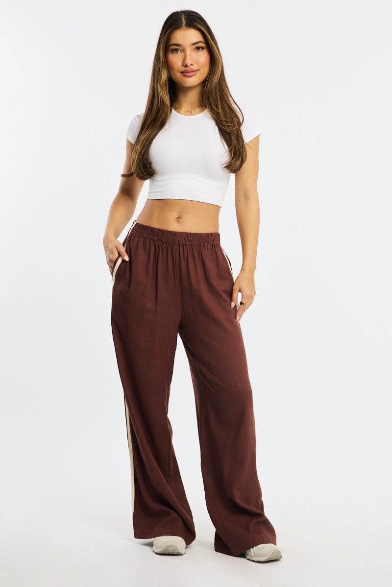 Brown Wide Leg Pants Side Stripe