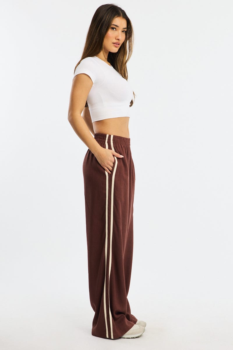 Brown Wide Leg Pants Side Stripe