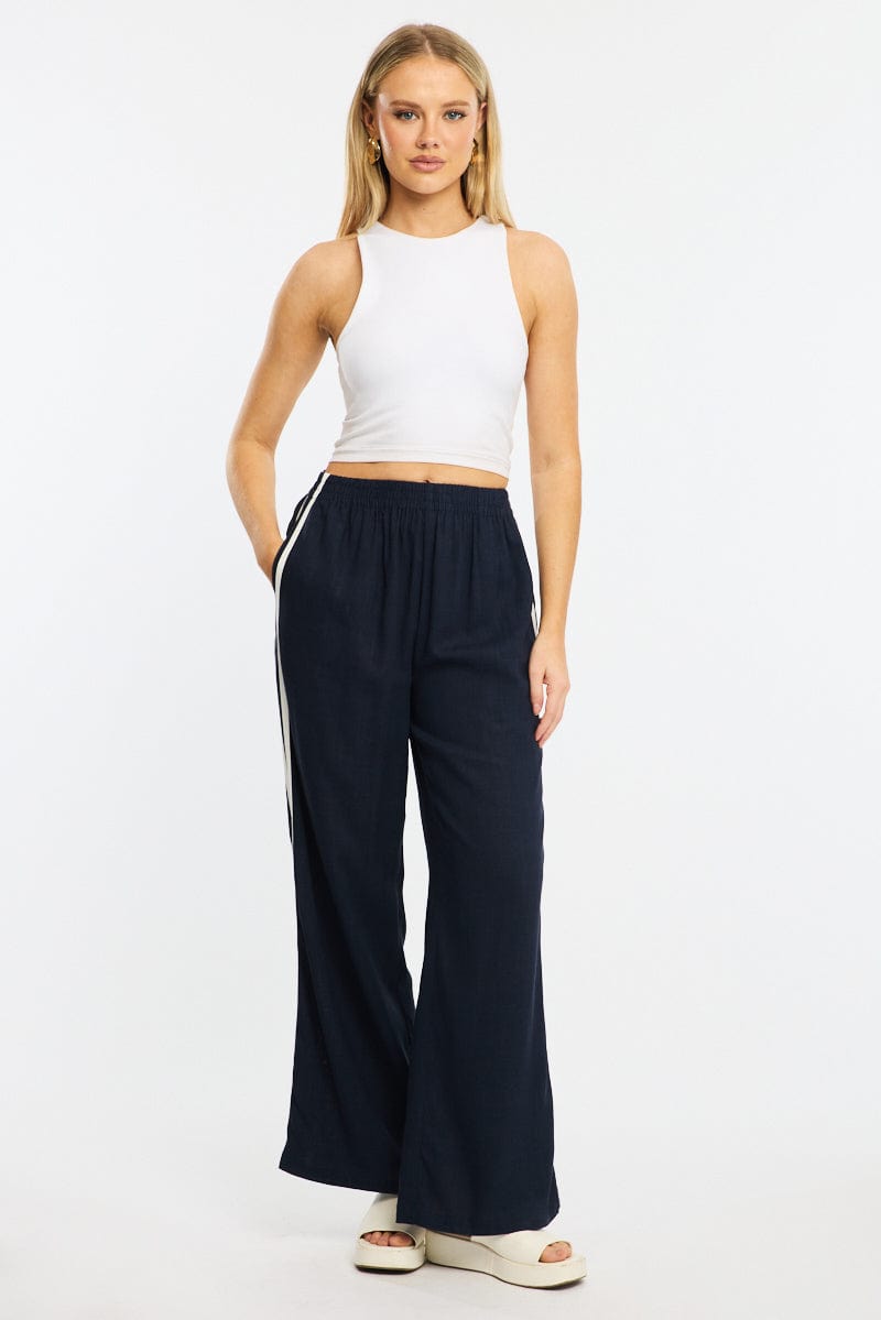 Blue Wide Leg Pants Side Stripe