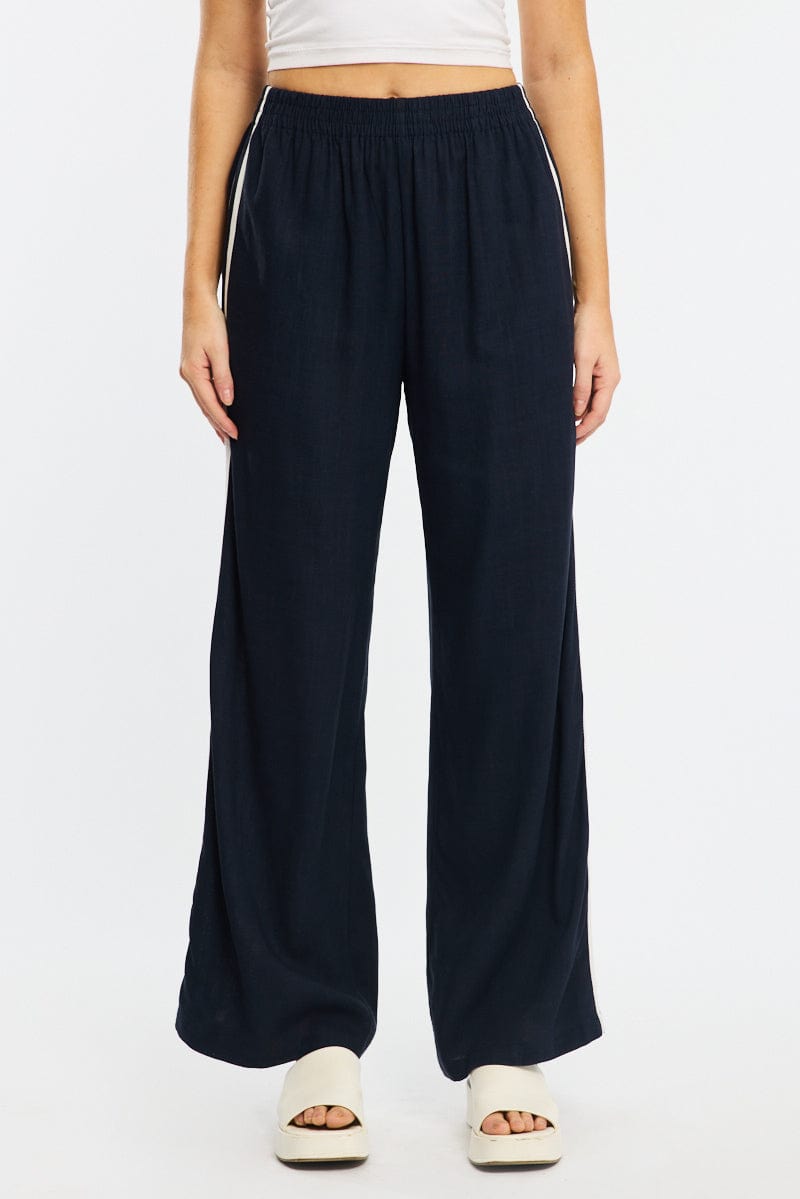 Blue Wide Leg Pants Side Stripe