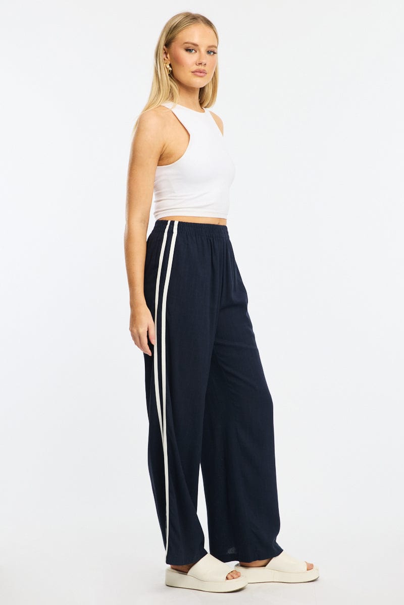 Blue Wide Leg Pants Side Stripe