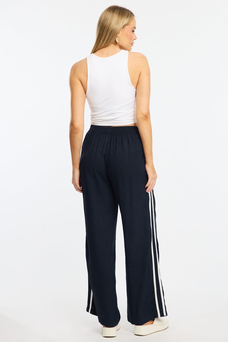 Blue Wide Leg Pants Side Stripe