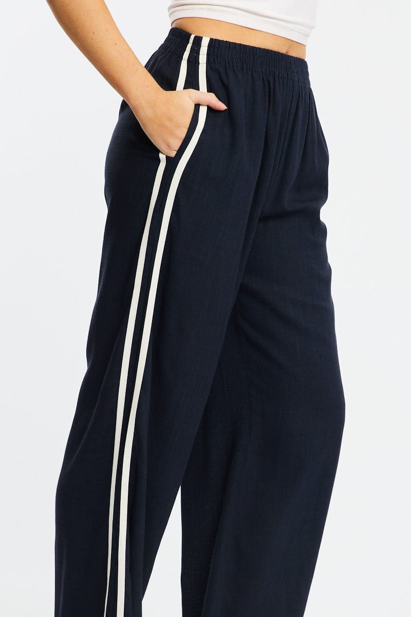 Blue Wide Leg Pants Side Stripe