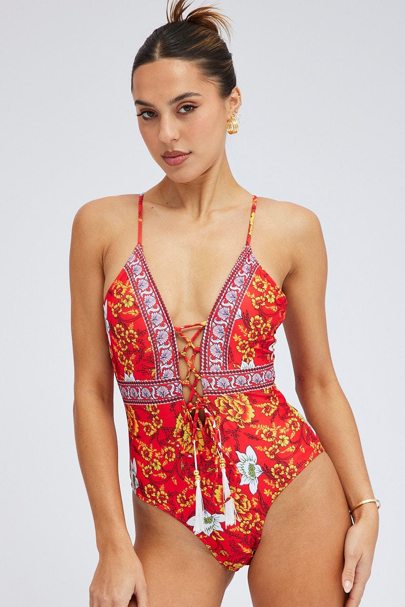 Red Floral Tie Front One Piece Swimsuit for Women by Ally