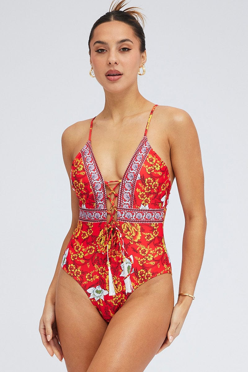 Red Floral Tie Front One Piece Swimsuit for Women by Ally