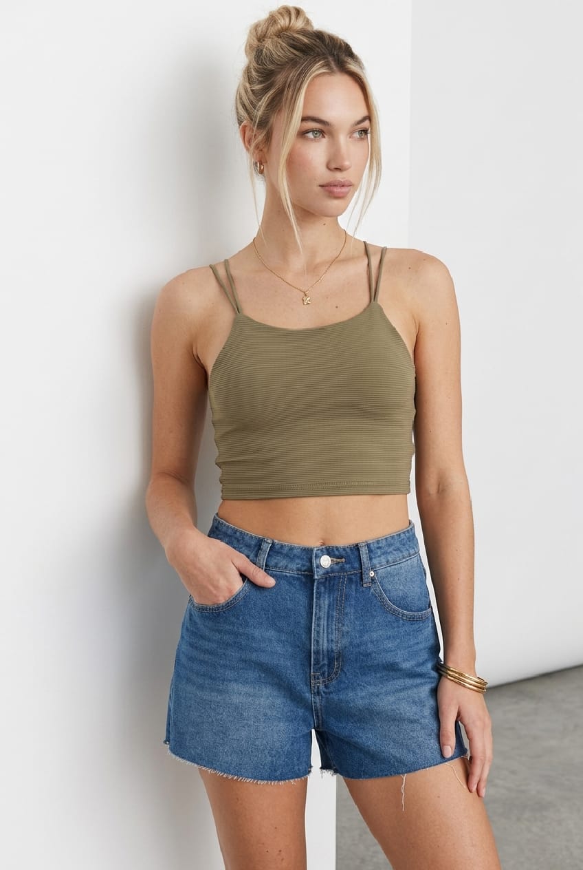 Green Crop Top High Neck Active Rib