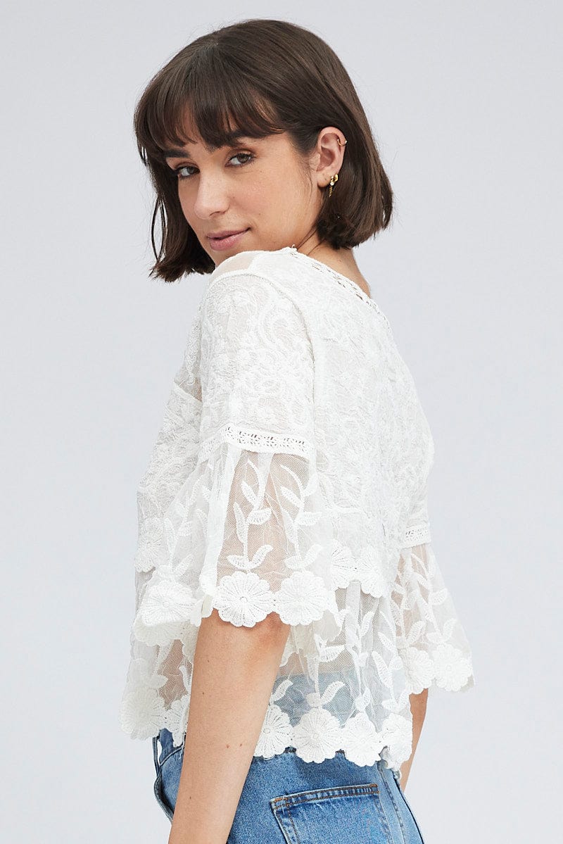 TOP White Mesh Lace Crochet Top for Women by Ally