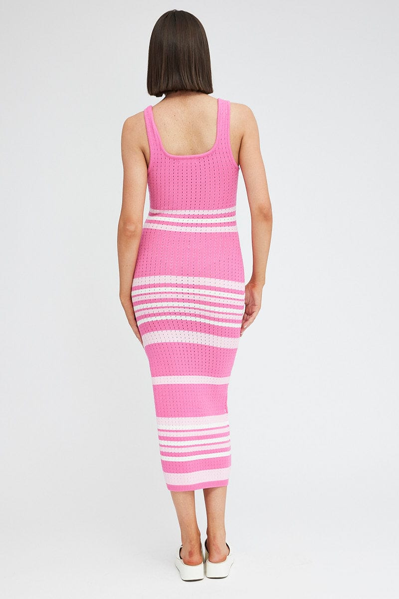 Pink Stripe Knit Dress Sleeveless Midi