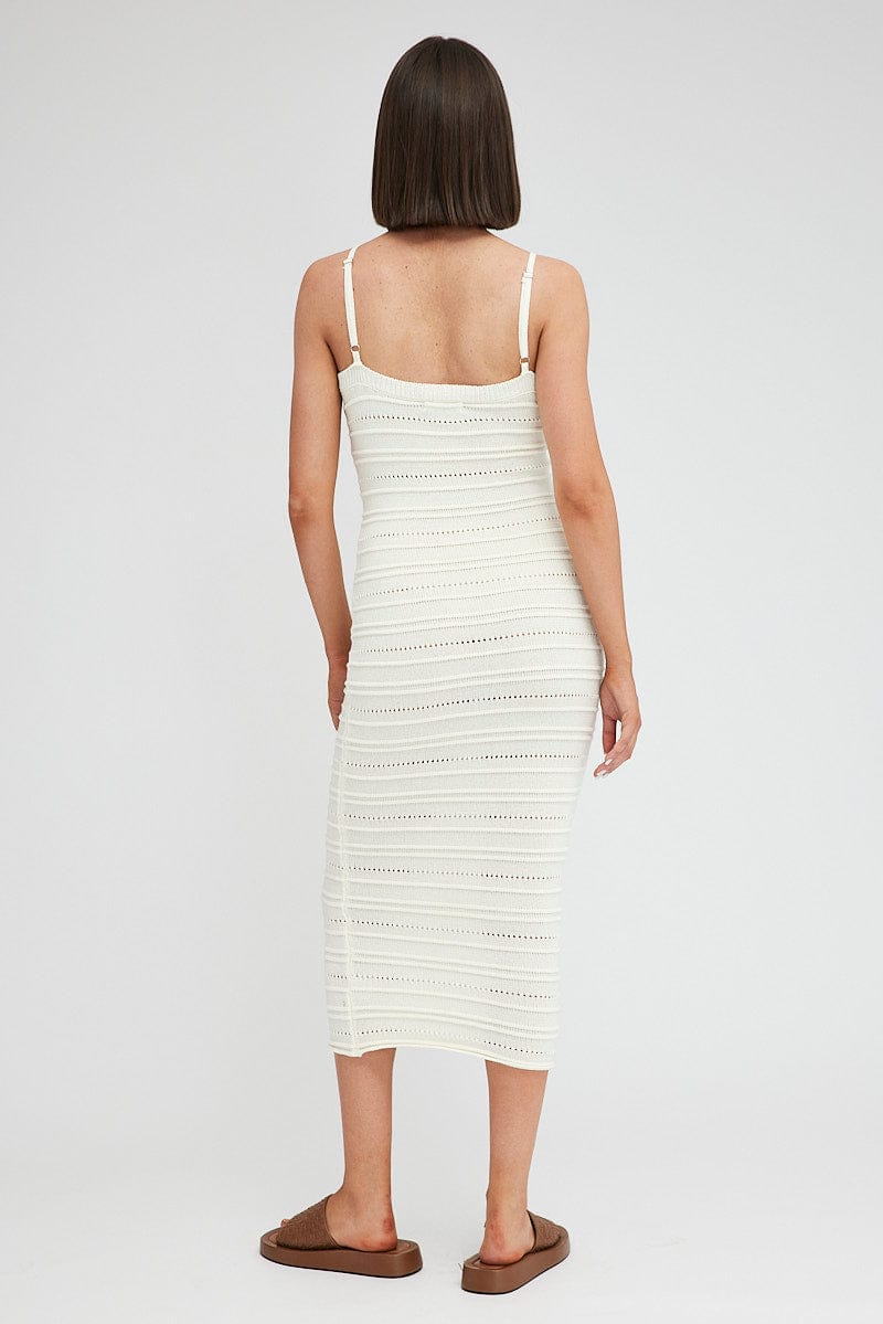 White Knit Dress Twisted Bust Midi