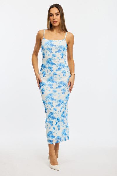 Blue Floral Bodycon Dress Mesh