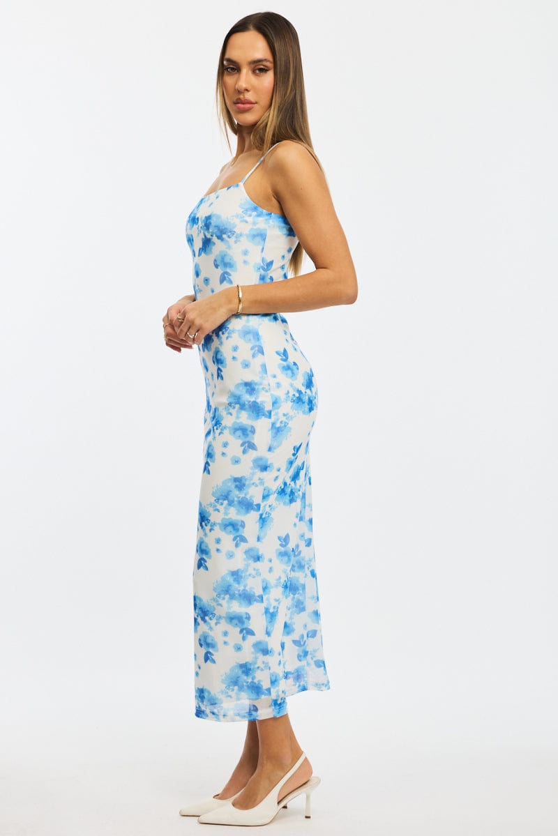Blue Floral Bodycon Dress Mesh