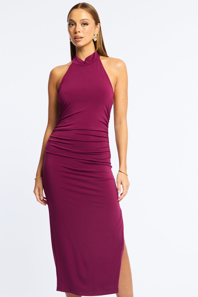 Red Bodycon Dress High Neck Side Ruched