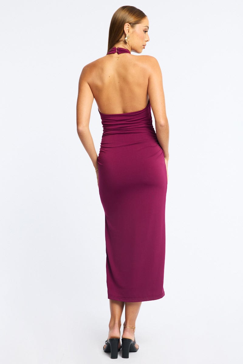 Red Bodycon Dress High Neck Side Ruched