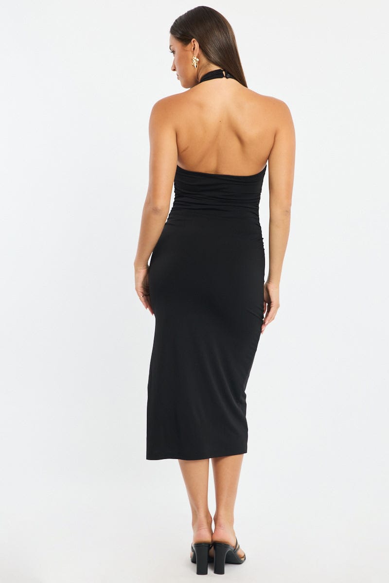 Black Bodycon Dress High Neck Side Ruched