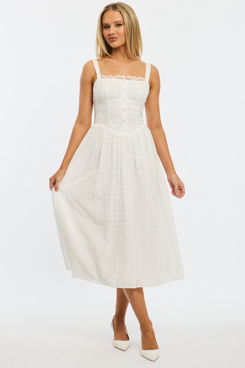 White Midi Dress Gathered Bust Lace Trim