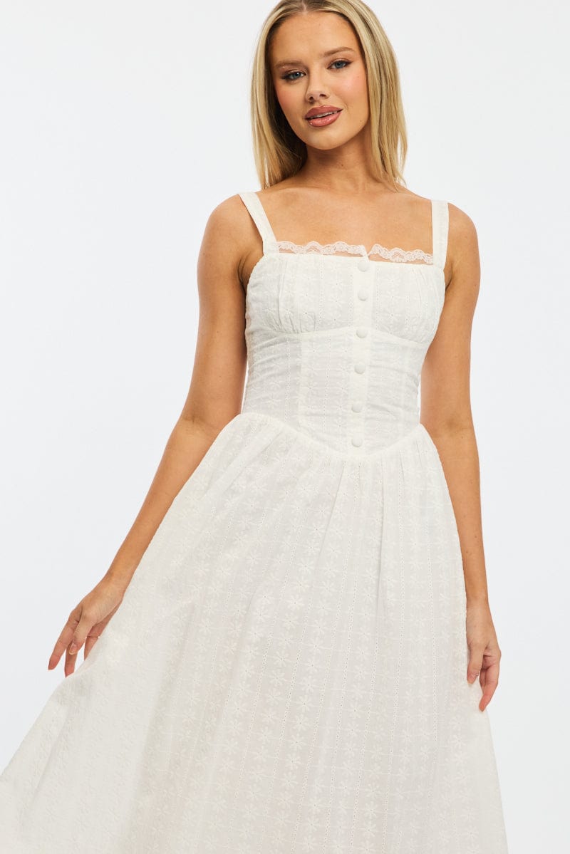 White Midi Dress Gathered Bust Lace Trim