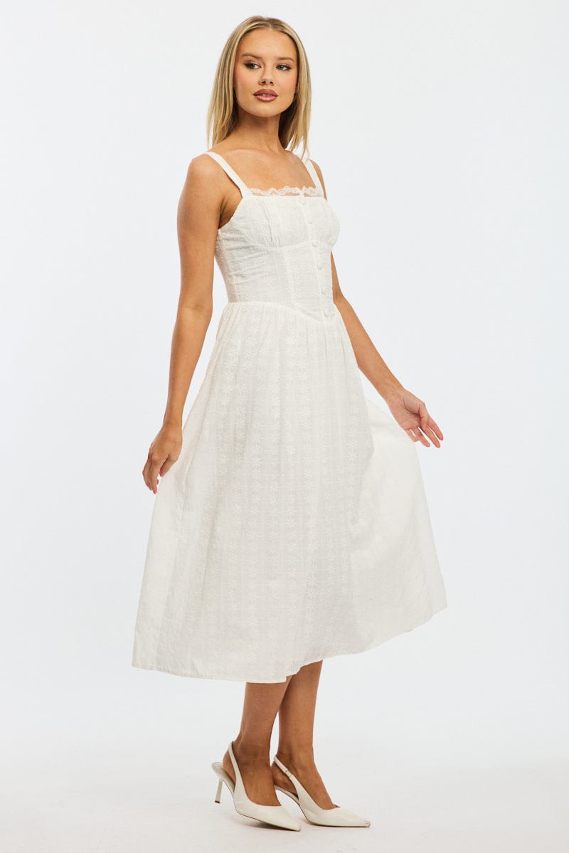 White Midi Dress Gathered Bust Lace Trim