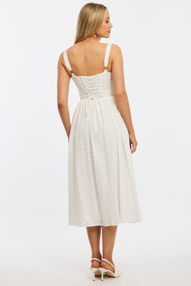 White Midi Dress Gathered Bust Lace Trim