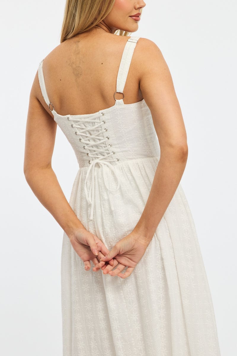 White Midi Dress Gathered Bust Lace Trim