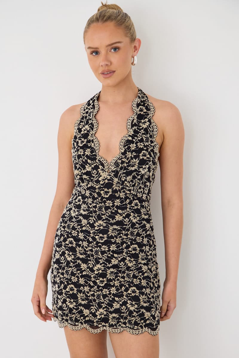 Beige Halter Neck Dress Mini Lace