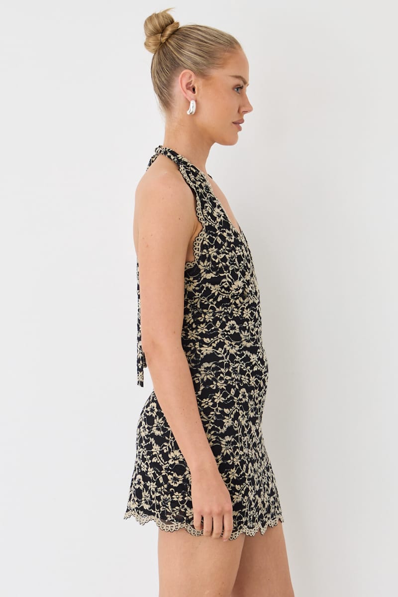 Beige Halter Neck Dress Mini Lace