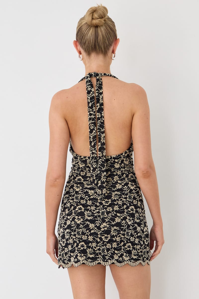 Beige Halter Neck Dress Mini Lace
