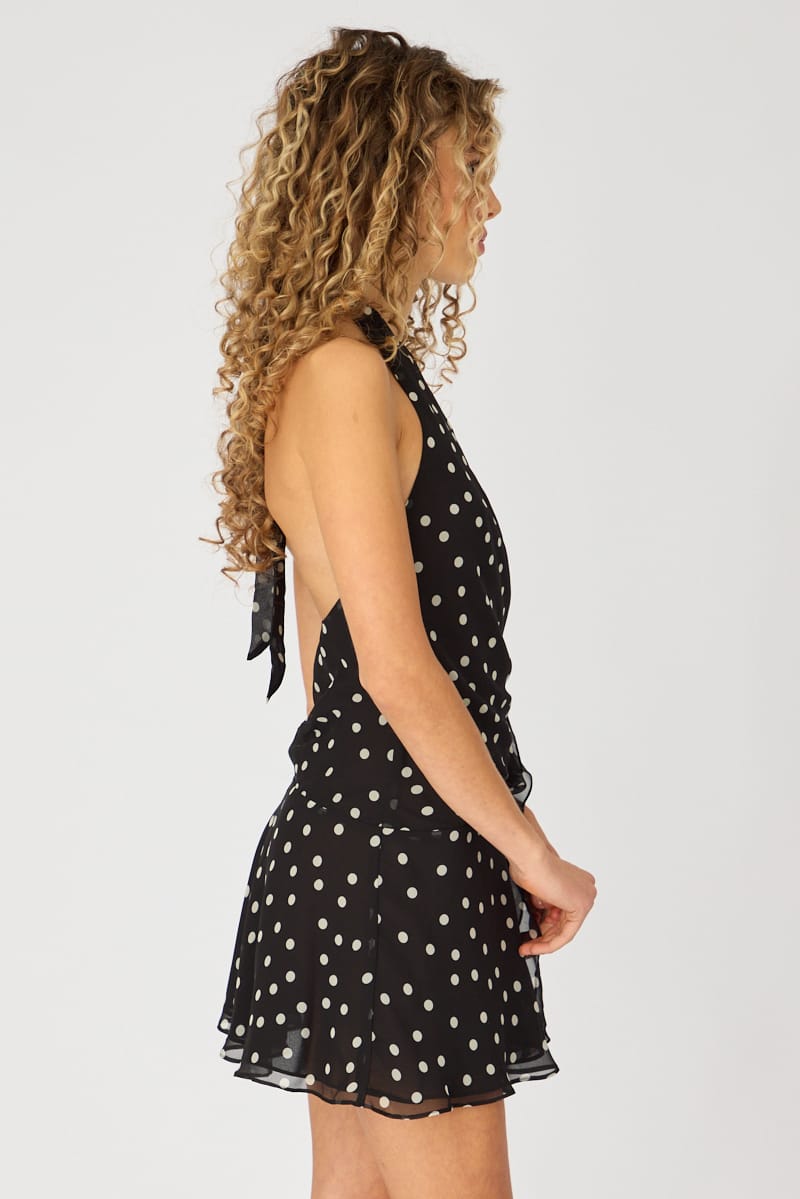 Black Polka Dot Wrap Dress Halter Neck Mini