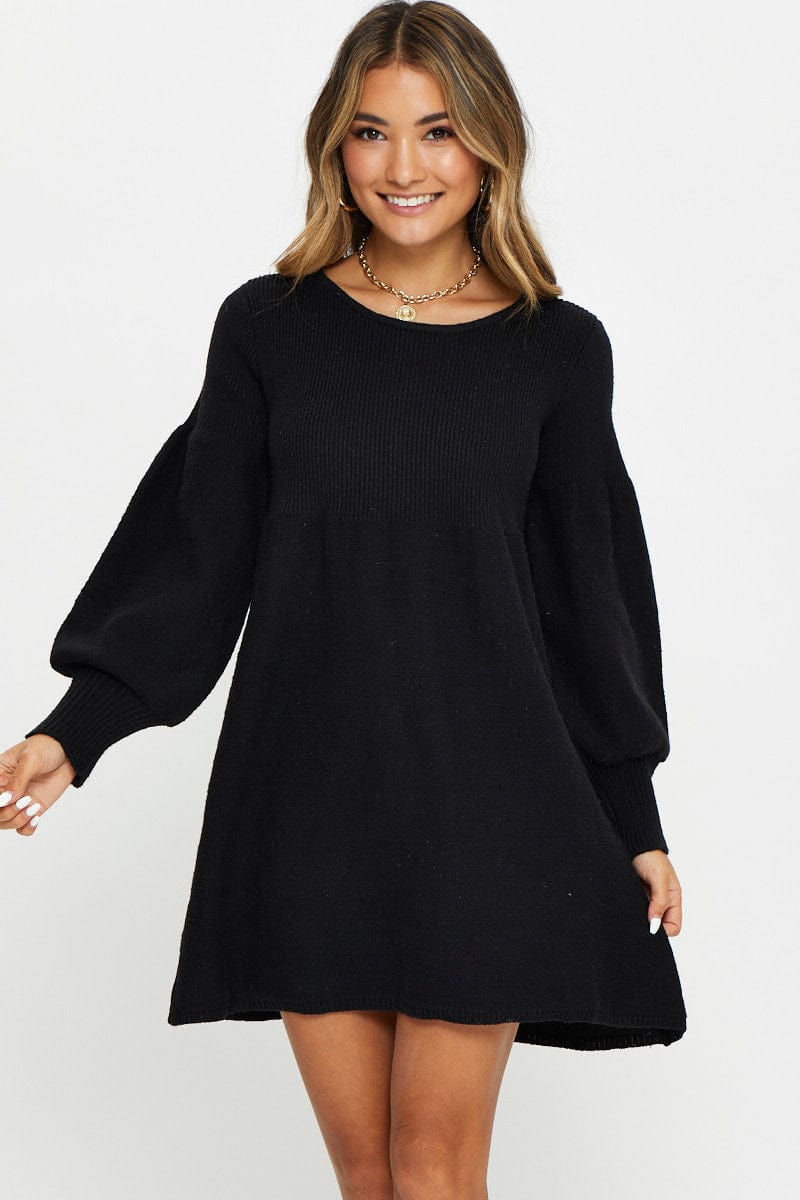 BLACK Long Sleeve Knit Swing Dress for Women by Ally
