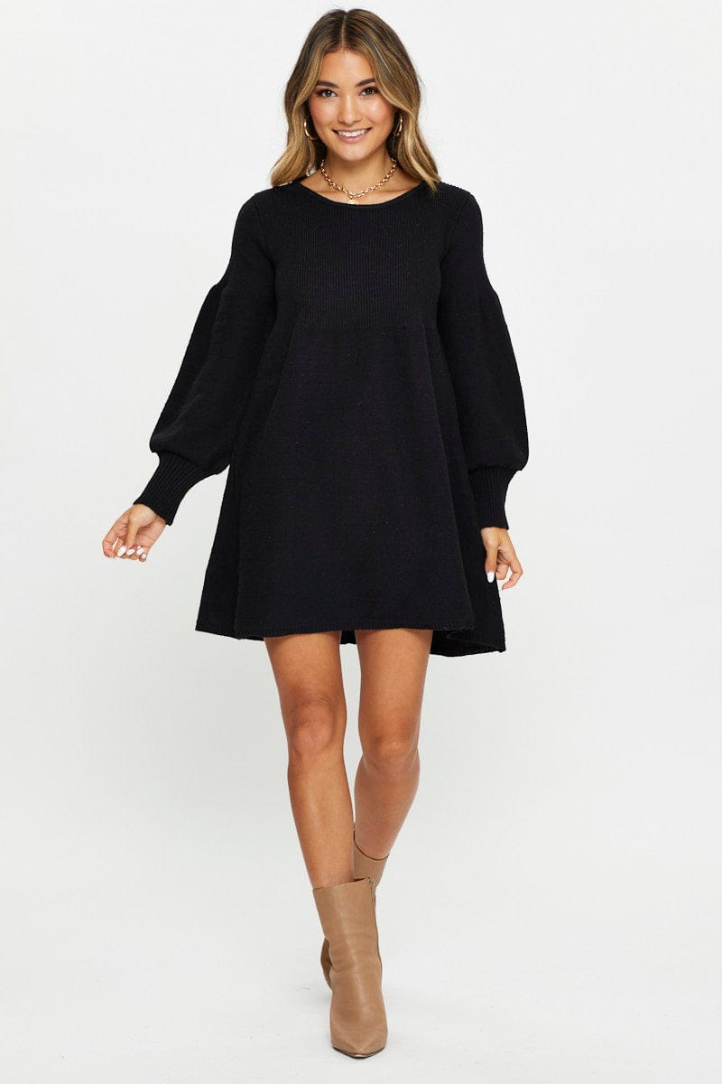 BLACK Long Sleeve Knit Swing Dress for Women by Ally
