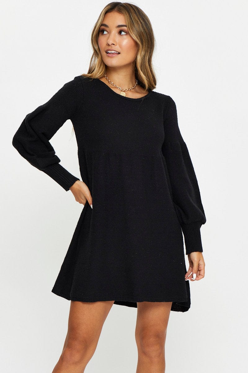 BLACK Long Sleeve Knit Swing Dress for Women by Ally