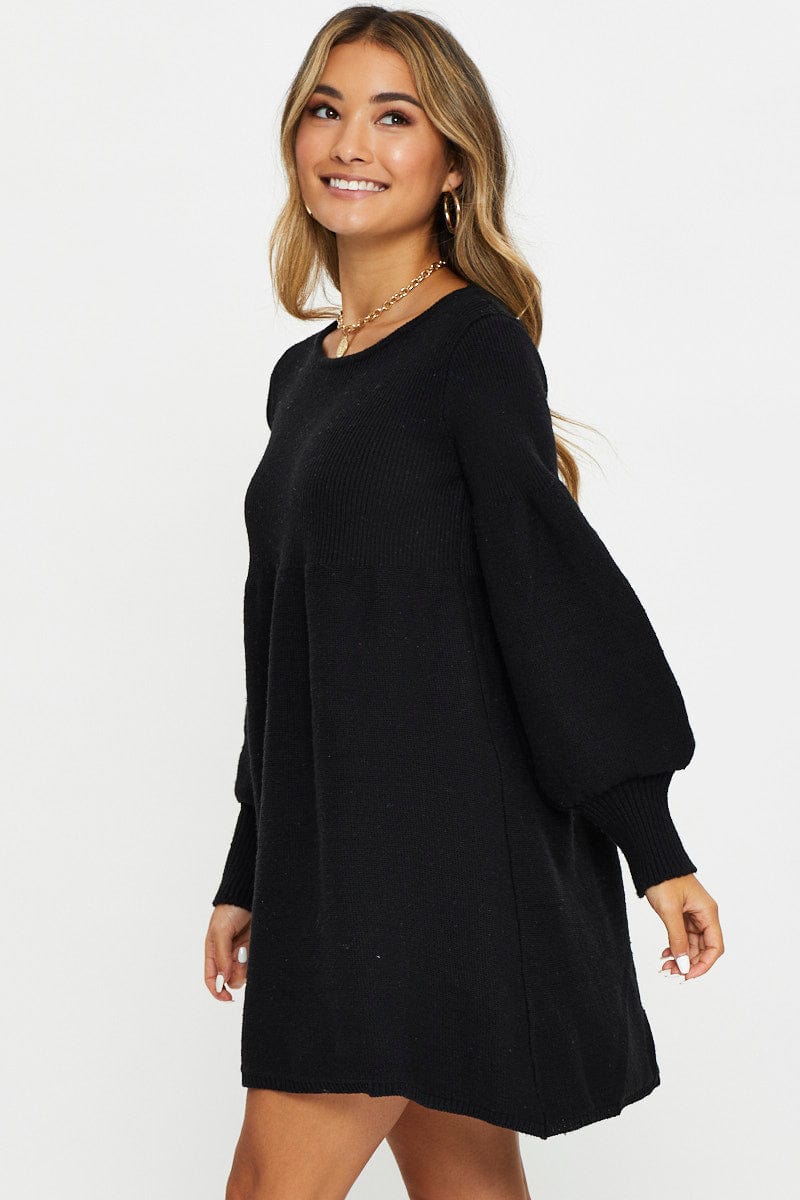 BLACK Long Sleeve Knit Swing Dress for Women by Ally