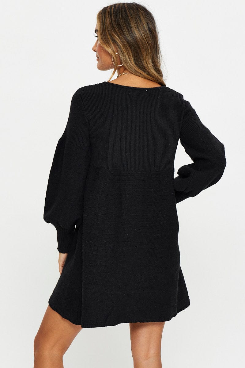 BLACK Long Sleeve Knit Swing Dress for Women by Ally