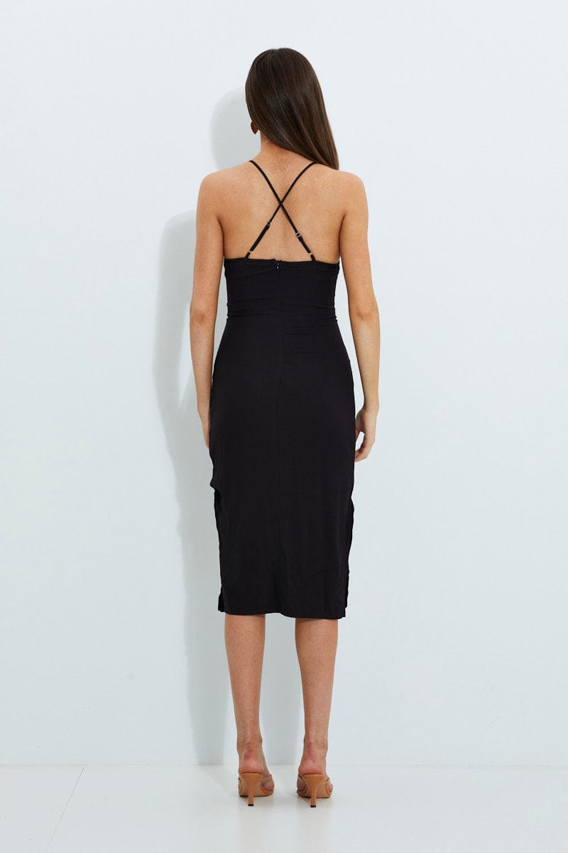 BLACK Designer Linen Look Racer Neck Midi Dress for Women by Ally