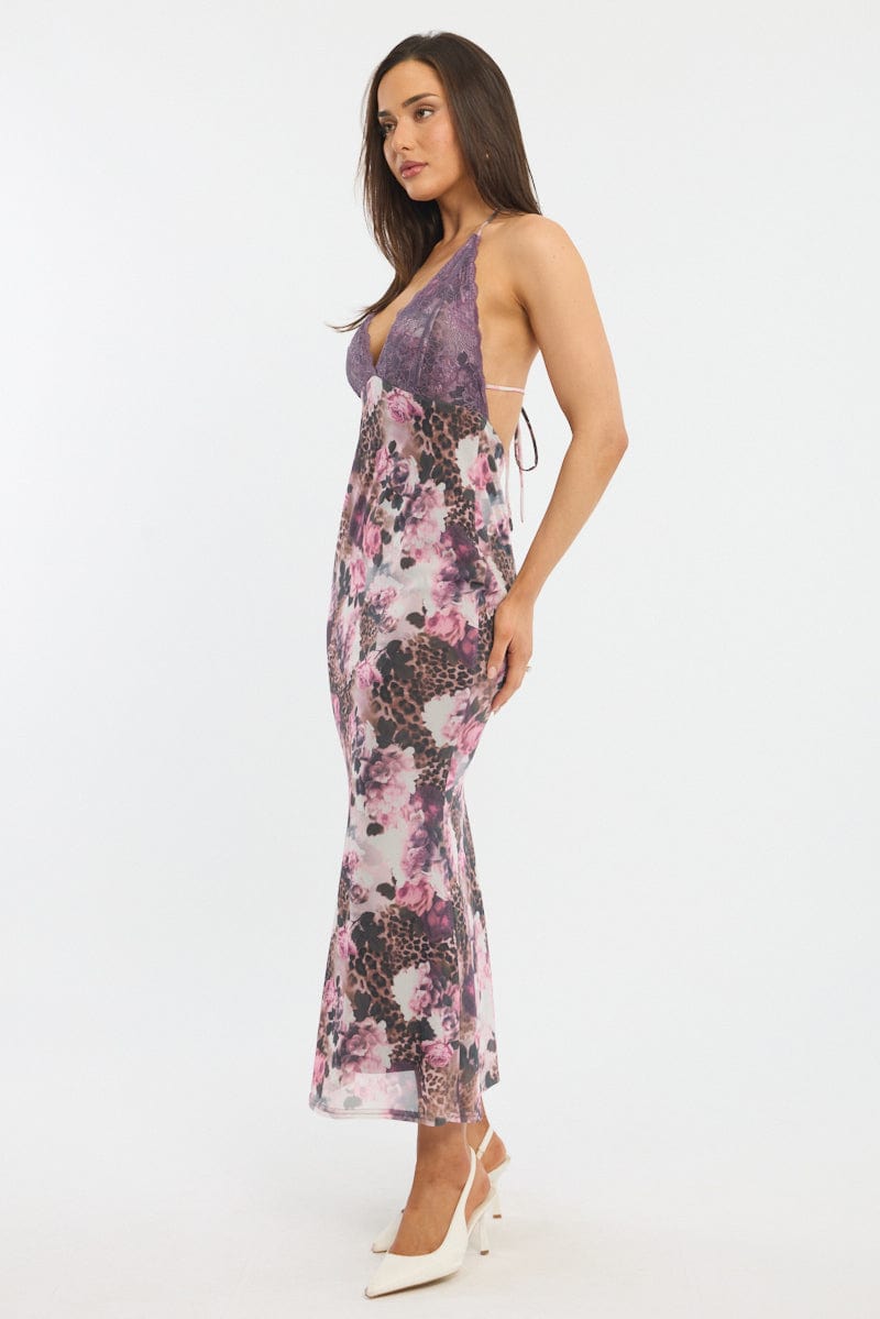 Brown Animal Print Bodycon Dress Halter Neck
